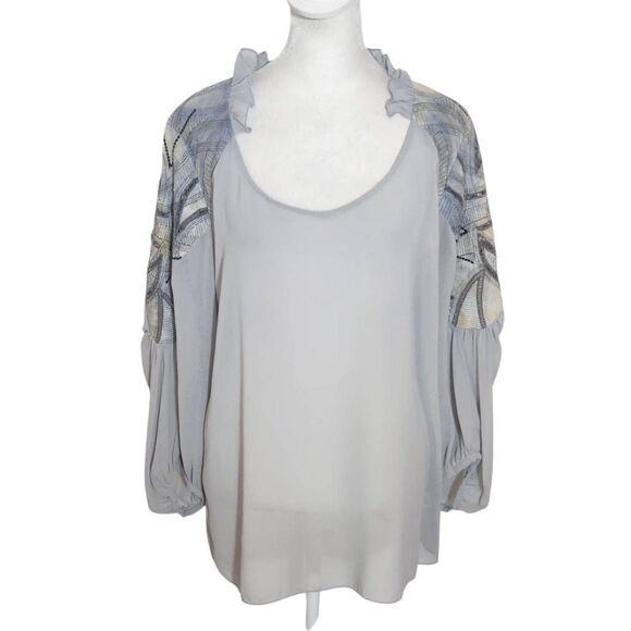 Sains Gray Sheer Boho Blouse with Embellished Sleeves Size Medium - Picture 1 of 9